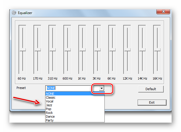Выбор музыкального направления из выпадающего списка в эквалайзере звуковой карты в Windows 7